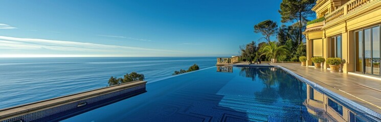 Fototapeta premium A large house by an infinity pool overlooks the ocean at sunset