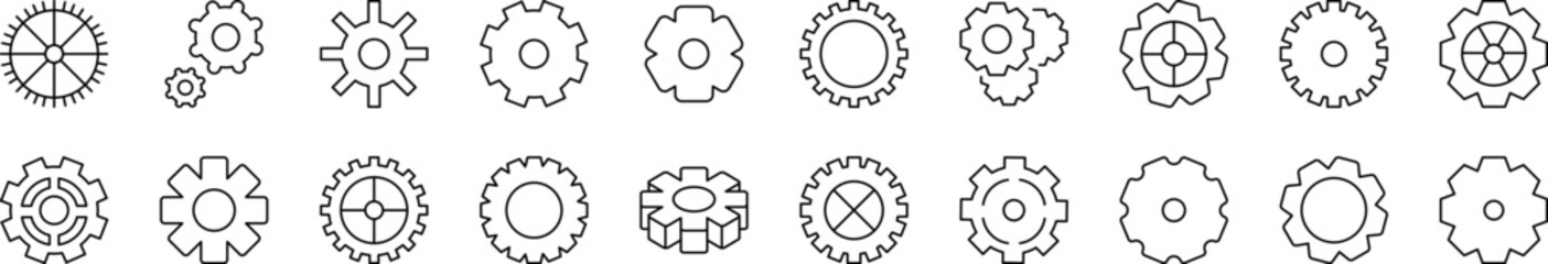 Gear and Cogwheel as Mechanism Related Line Icon Collection. Editable Stroke. Perfect for Infographics, Articles, Books, Flyers, Banners