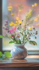 Home Use of Flowers with Marble Mortar Bowl on Wooden Table, Colorful Wildflowers and Green Leaves in the Background