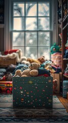 Bear sitting in a green box in a room, month of giving