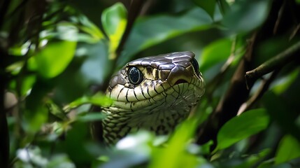 Obraz premium A close-up of a snake partially hidden among lush green leaves.