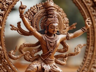 Fototapeta premium A hand-carved wooden depiction of Lord Shiva as Nataraja, performing the cosmic dance, with detailed flames and a dynamic pose, carved from dark sandalwood, representing creation and destruction