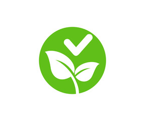 Green leaf leaves and check mark icon symbol. Eco friendly natural organic approval certification tag vector design and illustration.
