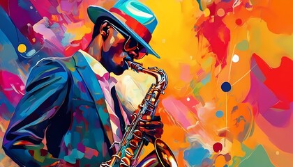 Abstract art painting of black African man with suit and hat playing saxophone ideal for jazz music poster