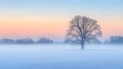 A Single Tree Stands Alone in a Foggy Field at Sunrise