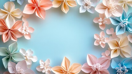 Pastel Paper Flowers Arranged Around a Blue Background