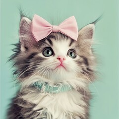 Fluffy kitten wearing a pink coquette bow, big eyes, soft fur, pastel background