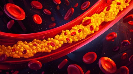Illustration of blood vessels with red blood cells and fat deposits depicting cholesterol accumulation within the arteries.