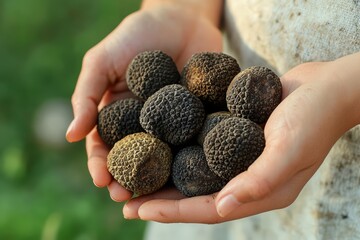 Hand holding fresh truffles against a blurred green background.