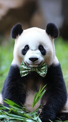 Obraz premium Charming panda bear wearing a bamboo-patterned coquette bow, sitting in a meadow