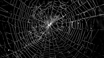 Obraz premium Intricate Spider Web Glistening with Dew Drops, Capturing the Beauty of Nature’s Artistry, Perfect for Themes of Spooky Season or Natural Wonder