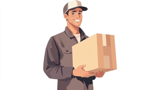 Handsome and smiling courier man wearing shirt and hat, holding cardboard box on white background concept of delivery service with practical fast and efficient delivery support