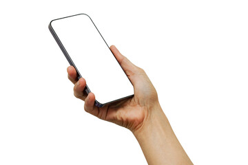 Asian woman holding smartphone in hand with blank screen isolated on white background with clipping path.