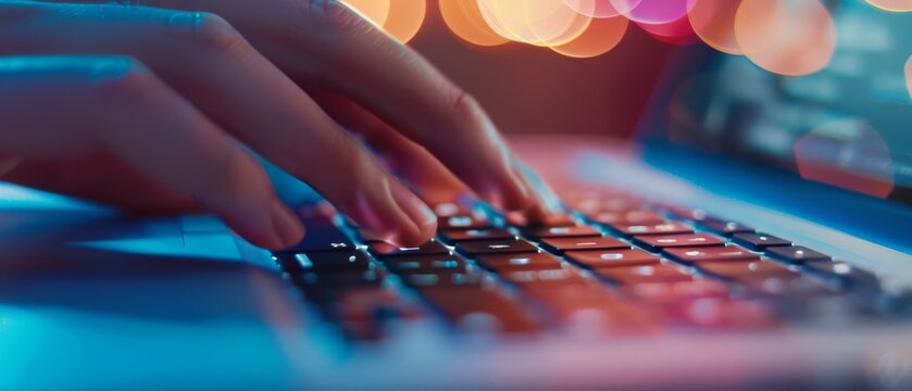 Fingers glide over a keyboard in a softly lit space, creating an ambiance of quiet focus and digital engagement, where ideas meld with technology seamlessly.