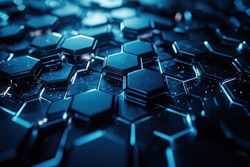 Obraz premium Abstract close-up of blue hexagonal shapes with metallic texture, creating a futuristic and high-tech pattern in dim lighting