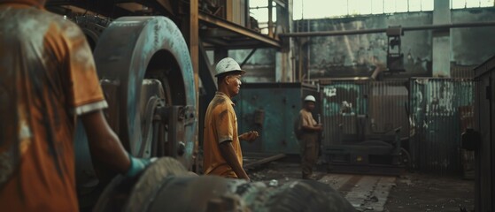 Workers in worn uniforms and helmets navigate a gritty industrial setting, embodying resilience and hard labor.