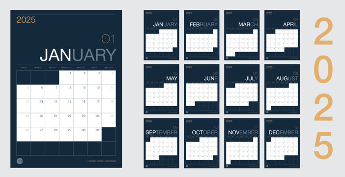 vector Calendar 2025 new year planner set 12 month in clean minimal table simple design style and navy blue color,vertical holiday event template calender,Week Starts Sunday
