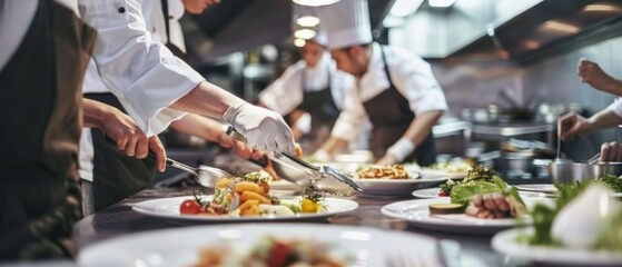 In a vibrant kitchen, chefs in white aprons artfully plate colorful dishes, each movement a dance of culinary expertise and synchronized teamwork.