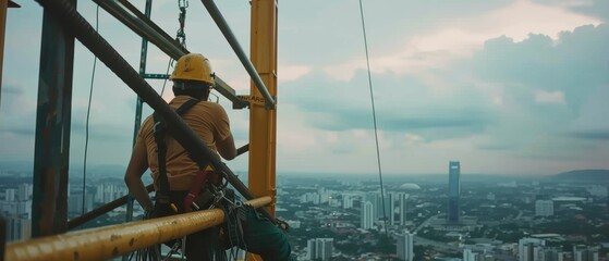 A construction worker suspended high above a cityscape, captured amidst scaffoldings, portrays daring, ambition, and the progress of urban architecture.
