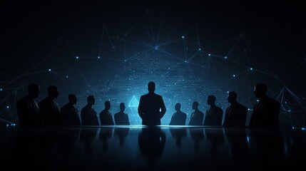 A silhouette of a group surrounded by a digital backdrop, symbolizing technology, collaboration, and communication in a futuristic setting.