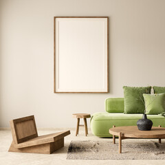Mock up poster frame in boho style decorated livinig room. Modern, authentic Interior design of living room with wooden furnitures. 3D illustration