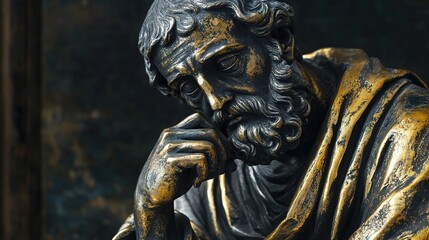 Obraz premium Striking Statue of a Stoic Philosopher in Elegant Gold and Black Finish, Capturing the Essence of Wisdom and Reflection, Perfect for Artistic and Philosophical Home Decor