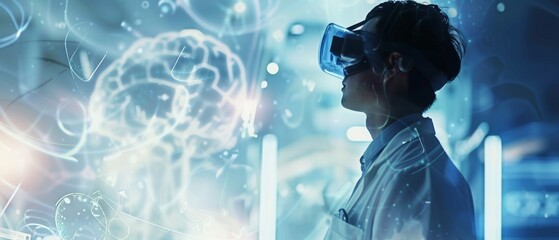 A virtual reality exploration of the brain, where a scientist analyzes digital projections, signifies the merging of technology and cognitive science.