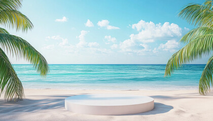 White podium displaying on the beach with palm trees and ocean view