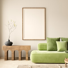 Mock up poster frame in boho style decorated livinig room. Modern, authentic Interior design of living room with wooden furnitures. 3D illustration © Salih