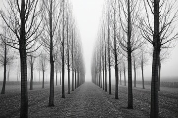 A black-and-white minimalistic photo of tree trunks lined in symmetry, with no leaves in sight, emphasizing texture, form, and contrast in the quiet forest scene