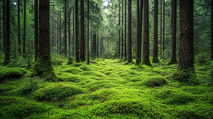 Obraz premium Beautiful and peaceful forest with green moss covering the forest floor.