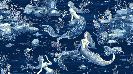 Obraz premium A Toile de Jouy featuring underwater scenes with mermaids and sea creatures