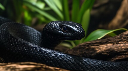Fototapeta premium A close-up of a black snake resting among foliage and wooden elements.