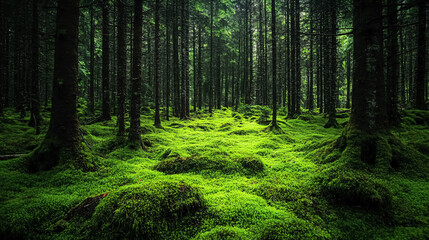 Obraz premium Beautiful and peaceful forest with green moss covering the forest floor.