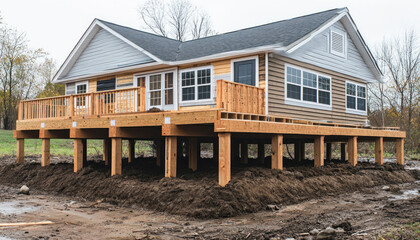Fototapeta premium New home under construction sitting on concrete and wood pilings
