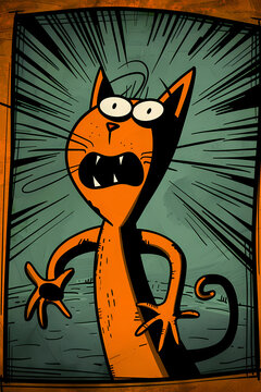 An exaggerated depiction of a surprised orange cartoon cat, showcasing dramatic expression and whimsy in a vibrant and stylized modern art style.