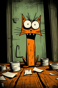 An orange cartoon cat sits on the floor, appearing shocked and surrounded by scattered rolls of toilet paper, humorously depicting chaos in a modern style.