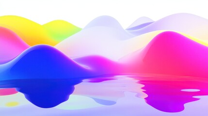 Abstract colorful waves with vivid three-dimensional shapes on a white background float on water creating a striking color combination.