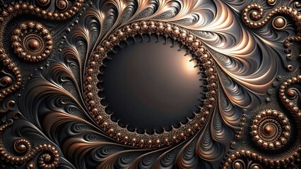 Abstract dark color metallic background with fractal spiral framed by abstract ornament macro