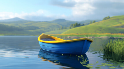 Obraz premium a blue and yellow boat on a lake with green hills in the background, cute, charming, charming, simple minimalism, bright color palette, bright colors, blue sky, matte finish, matte textures, minimalis