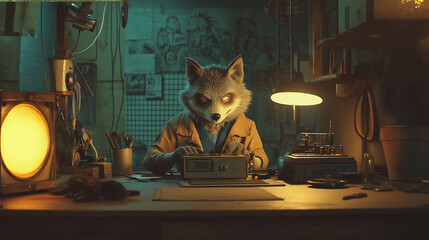 A wolf with human hands, dressed in work clothes, working on an engine in a sci-fi machine workshop, with cinematic lighting, camera angle and appearance, all done in an ultra-realistic manner.