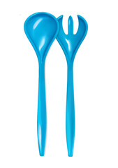 Blue fork and spoon isolated on white background. Blue colour objects. Eating. Salad set fork and spoon. Kitchenwear. Tablewear. Simplicity. Product design. Comfort. Kitchen utensil