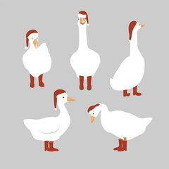 Cute cartoon goose set dressed in Santa Claus hat and red boots. Merry Christmas characters collection. Vector isolated illustration. © Toltemara