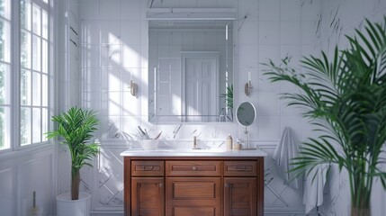 Fototapeta premium A bathroom featuring a sink, a mirror, and a window for natural light