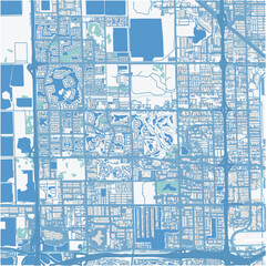 Map of Doral in Florida in a professional blue style. Contains layered vector with roads water, parks, etc.