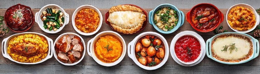 Watercolor An array of delicious dishes served in white bowls, showcasing vibrant colors and textures, perfect for a culinary feast or food photography.