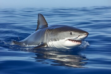 Naklejka premium A great white shark swimming in calm blue waters, showcasing its powerful presence.