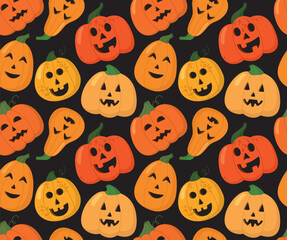 Seamless pattern of fun halloween pumpkins with carved faces. Colorful background	