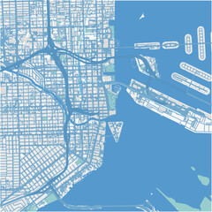 Map of Miami center in Florida in a professional blue style. Contains layered vector with roads water, parks, etc.