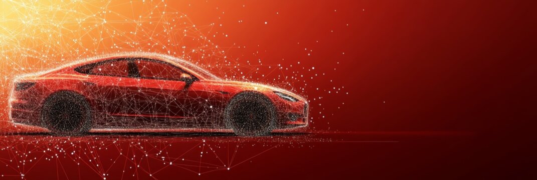 Abstract Red Contour Car Visualization. Transport, Modern Tech Concept. Connected Lines with Dots.